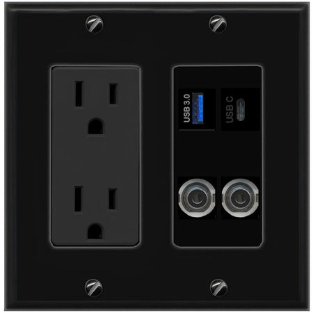 2 3.5mm USB-3 USBC Wall Plate [Black]