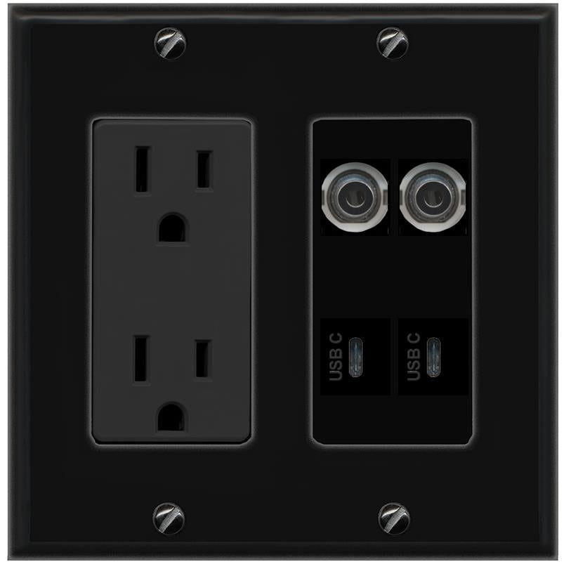 RiteAV 2 3.5mm 2 USBC Wall Plate with 15A Power Outlet [Black]