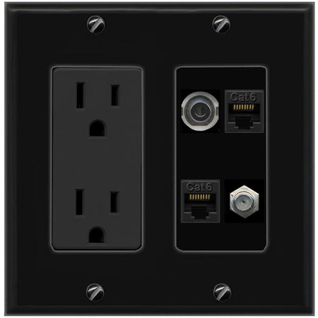 RiteAV 3.5mm 2 CAT6 COAX Wall Plate with 15A Power Outlet [Black]