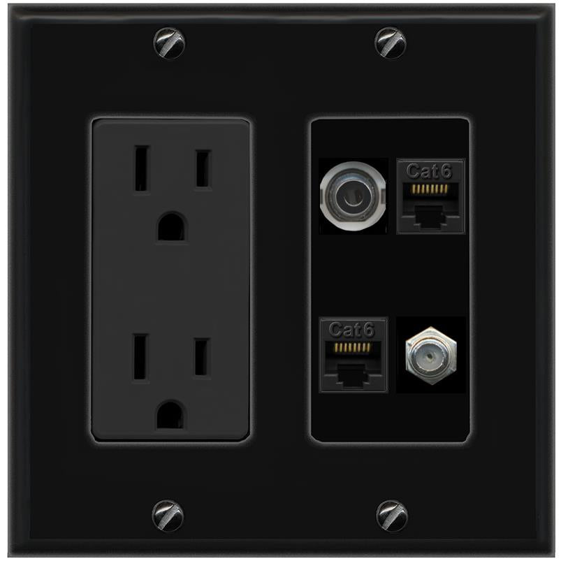 RiteAV 3.5mm 2 CAT6 COAX Wall Plate with 15A Power Outlet [Black]
