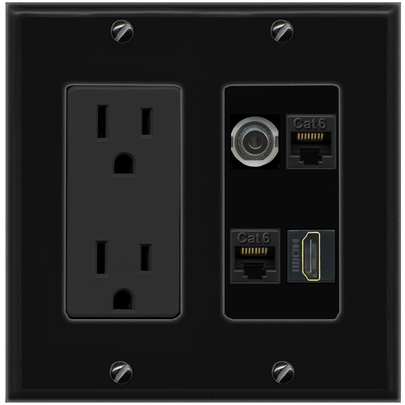 RiteAV 3.5mm 2 CAT6 HDMI Wall Plate with 15A Power Outlet [Black]