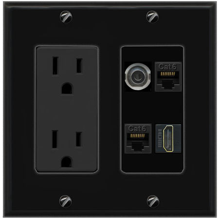 RiteAV 3.5mm 2 CAT6 HDMI Wall Plate with 15A Power Outlet [Black]