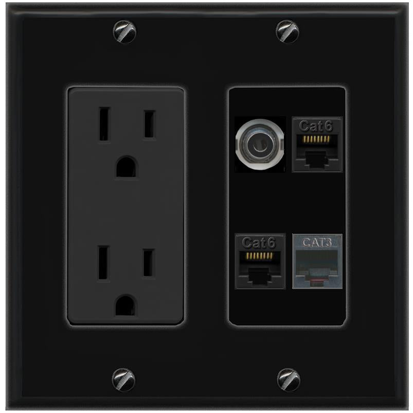 RiteAV 3.5mm 2 CAT6 PHONE Wall Plate with 15A Power Outlet [Black]
