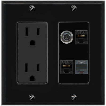 RiteAV 3.5mm 2 CAT6 PHONE Wall Plate with 15A Power Outlet [Black]