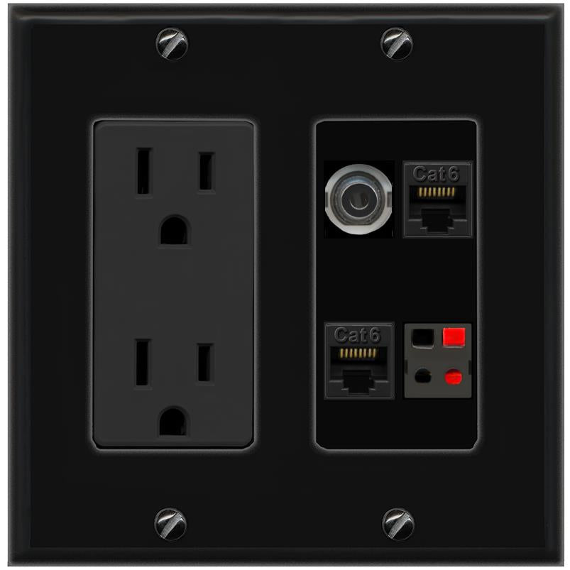 RiteAV 3.5mm 2 CAT6 SPEAKER Wall Plate with 15A Power Outlet [Black]