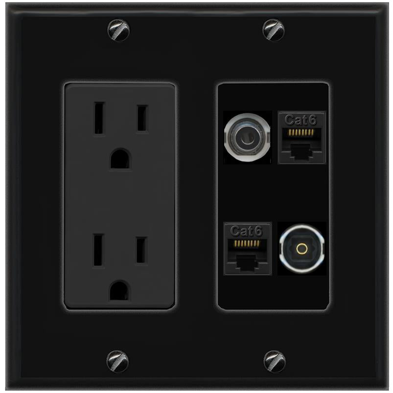 RiteAV 3.5mm 2 CAT6 TOSLINK Wall Plate with 15A Power Outlet [Black]