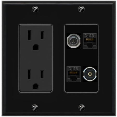RiteAV 3.5mm 2 CAT6 TOSLINK Wall Plate with 15A Power Outlet [Black]