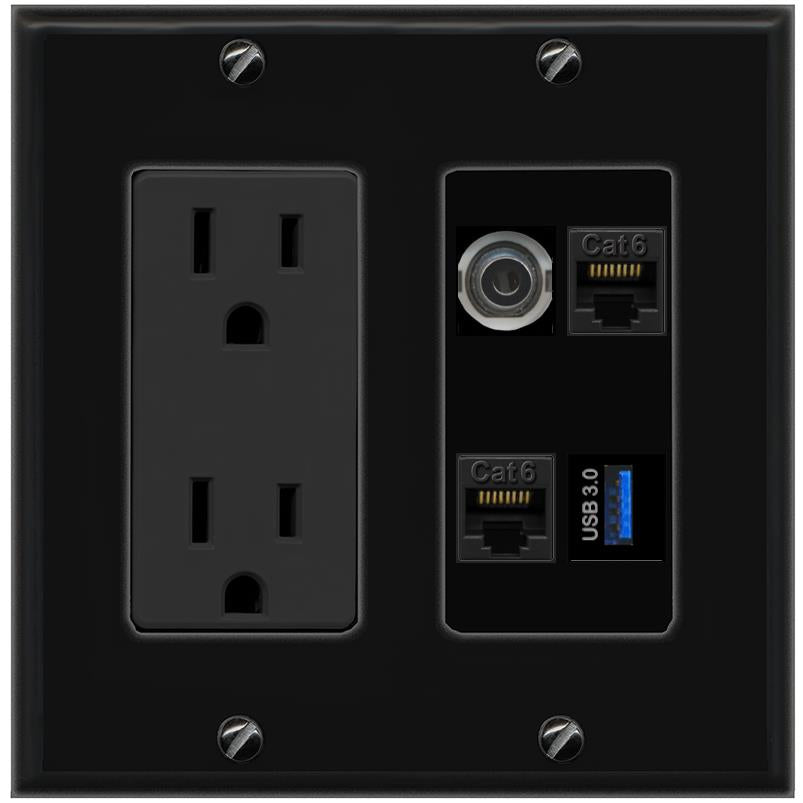 RiteAV 3.5mm 2 CAT6 USB-3 Wall Plate with 15A Power Outlet [Black]