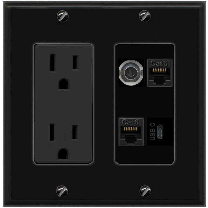 RiteAV 3.5mm 2 CAT6 USBC Wall Plate with 15A Power Outlet [Black]