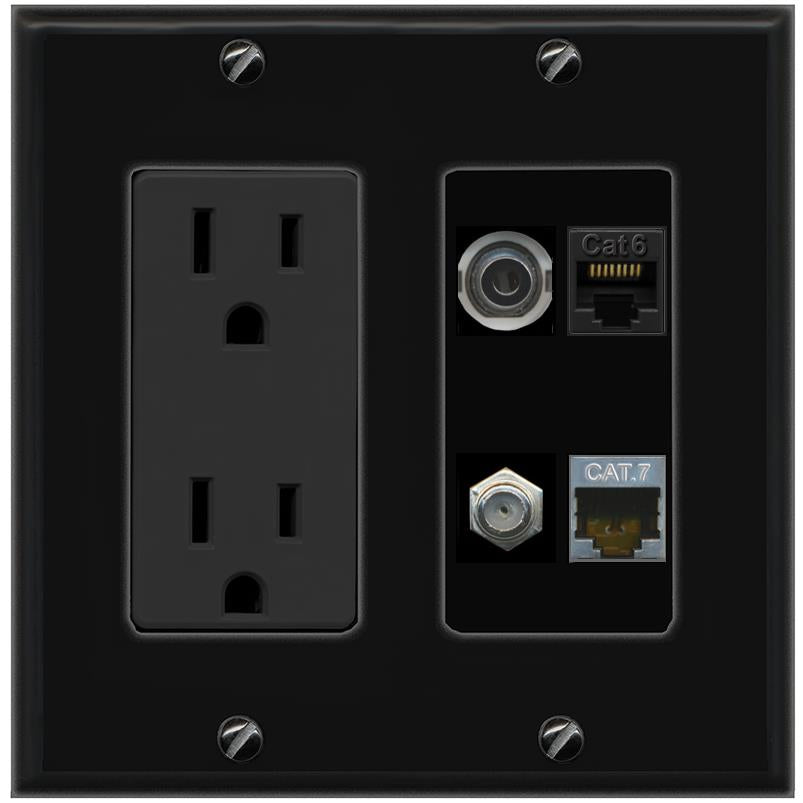 RiteAV 3.5mm CAT6 CAT7 COAX Wall Plate with 15A Power Outlet [Black]