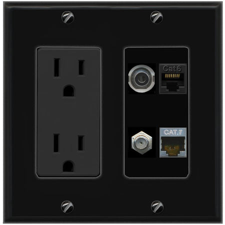RiteAV 3.5mm CAT6 CAT7 COAX Wall Plate with 15A Power Outlet [Black]