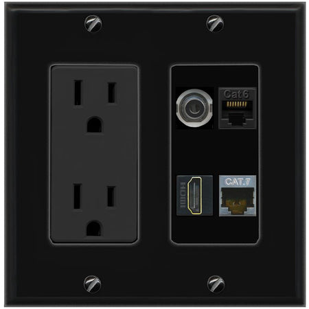 RiteAV 3.5mm CAT6 CAT7 HDMI Wall Plate with 15A Power Outlet [Black]