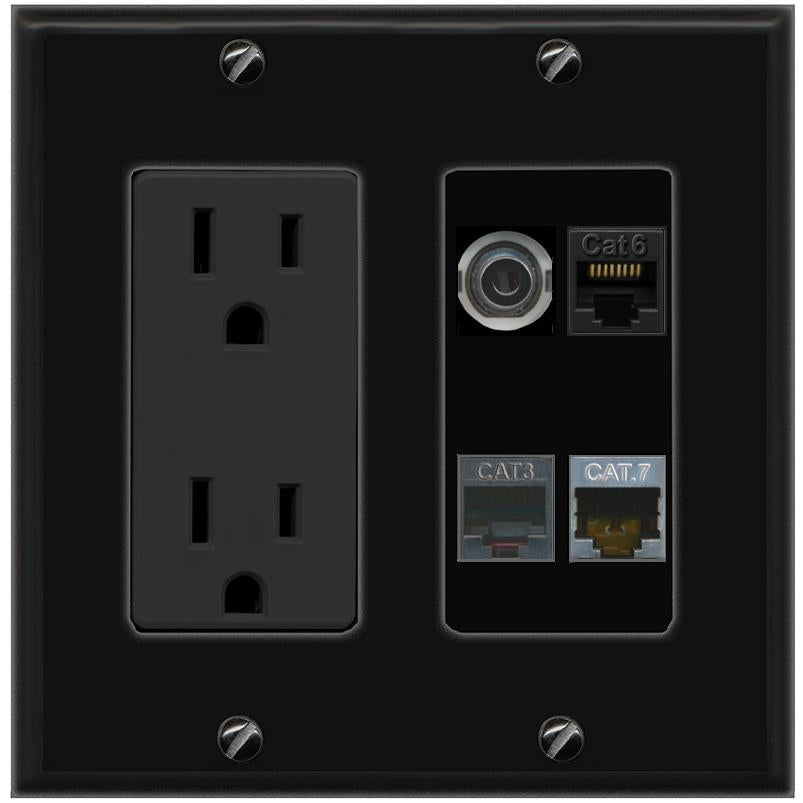 RiteAV 3.5mm CAT6 CAT7 PHONE Wall Plate with 15A Power Outlet [Black]