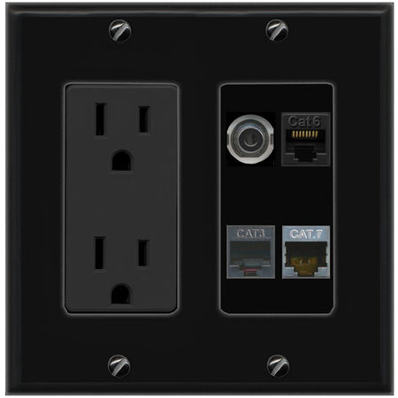 RiteAV 3.5mm CAT6 CAT7 PHONE Wall Plate with 15A Power Outlet [Black]
