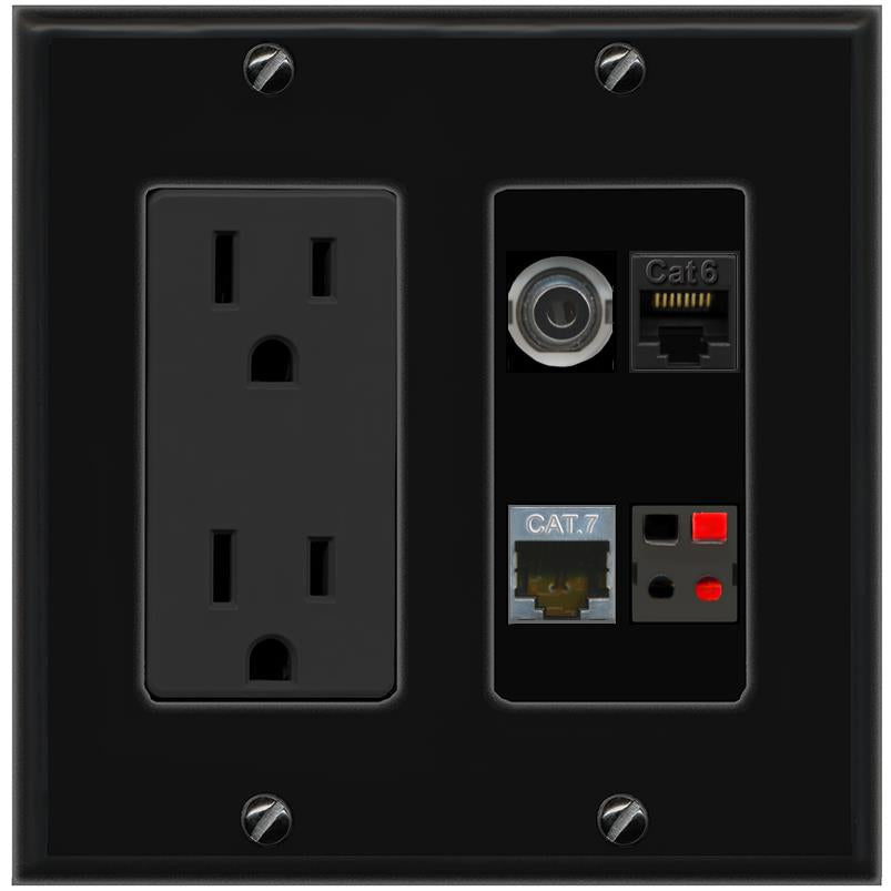 RiteAV 3.5mm CAT6 CAT7 SPEAKER Wall Plate with 15A Power Outlet [Black]