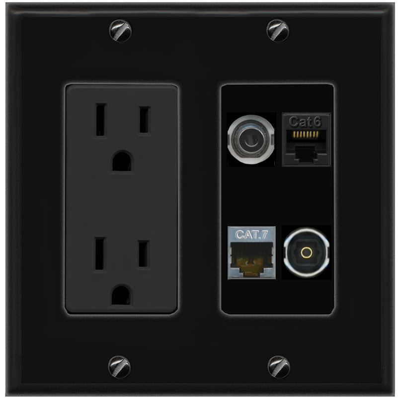 RiteAV 3.5mm CAT6 CAT7 TOSLINK Wall Plate with 15A Power Outlet [Black]