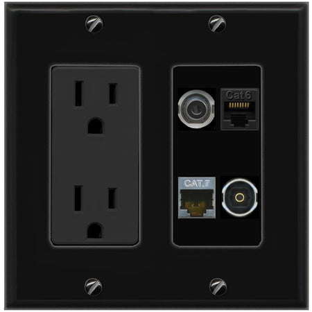 RiteAV 3.5mm CAT6 CAT7 TOSLINK Wall Plate with 15A Power Outlet [Black]