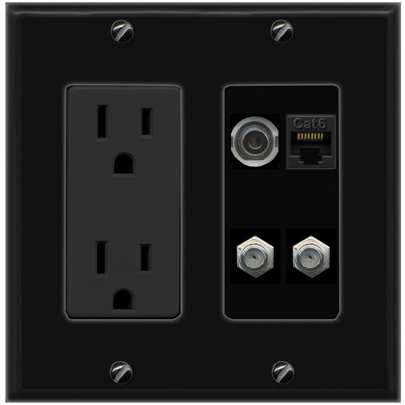 RiteAV 3.5mm CAT6 2 COAX Wall Plate with 15A Power Outlet [Black]