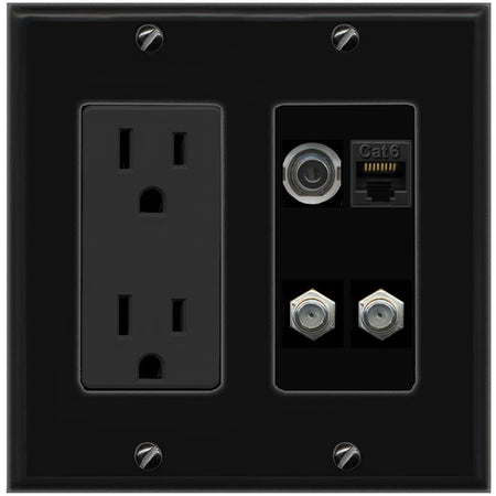 RiteAV 3.5mm CAT6 2 COAX Wall Plate with 15A Power Outlet [Black]