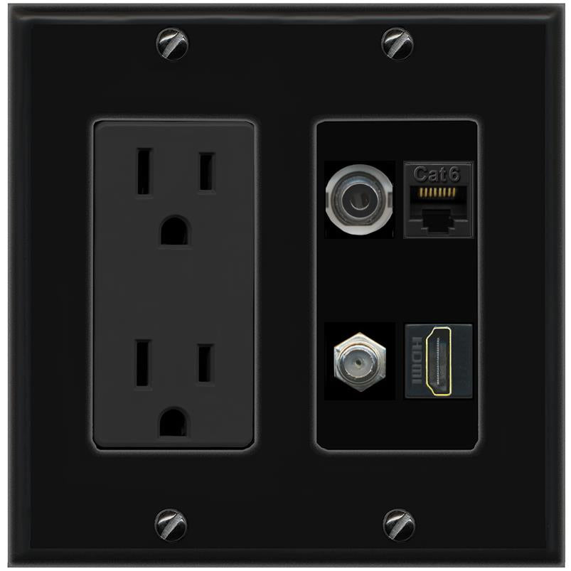 RiteAV 3.5mm CAT6 COAX HDMI Wall Plate with 15A Power Outlet [Black]