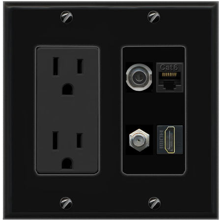 RiteAV 3.5mm CAT6 COAX HDMI Wall Plate with 15A Power Outlet [Black]