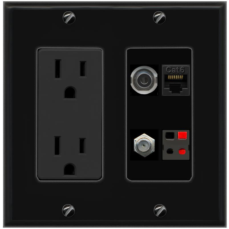 RiteAV 3.5mm CAT6 COAX SPEAKER Wall Plate with 15A Power Outlet [Black]