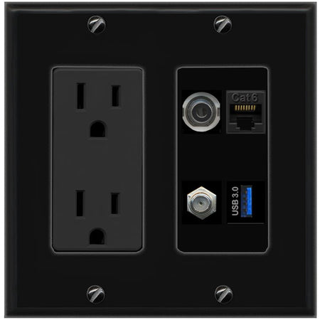 RiteAV 3.5mm CAT6 COAX USB-3 Wall Plate with 15A Power Outlet [Black]