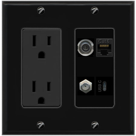 RiteAV 3.5mm CAT6 COAX USBC Wall Plate with 15A Power Outlet [Black]