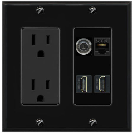 RiteAV 3.5mm CAT6 2 HDMI Wall Plate with 15A Power Outlet [Black]