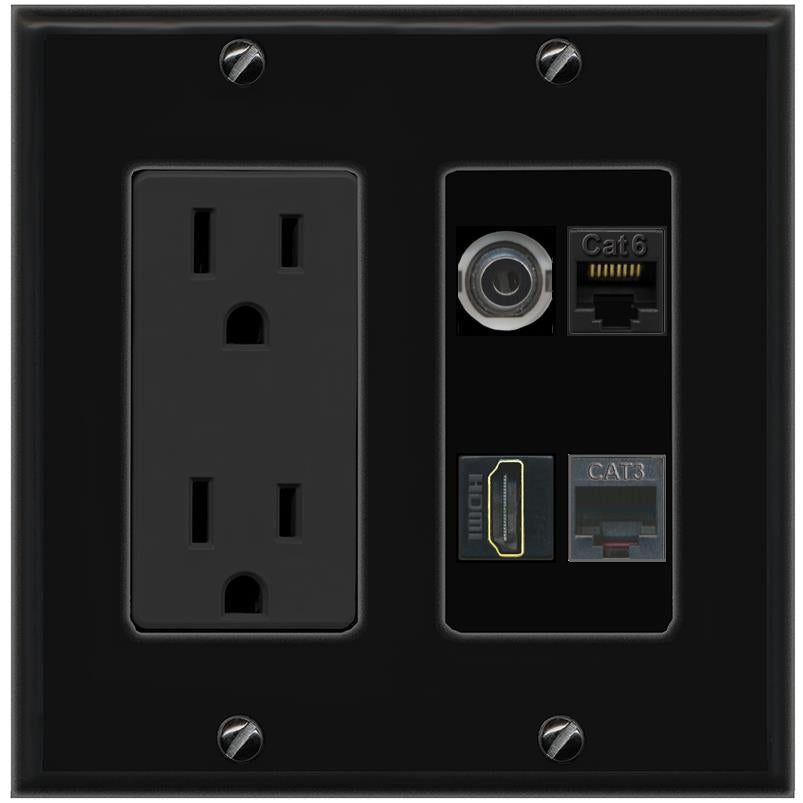 RiteAV 3.5mm CAT6 HDMI PHONE Wall Plate with 15A Power Outlet [Black]