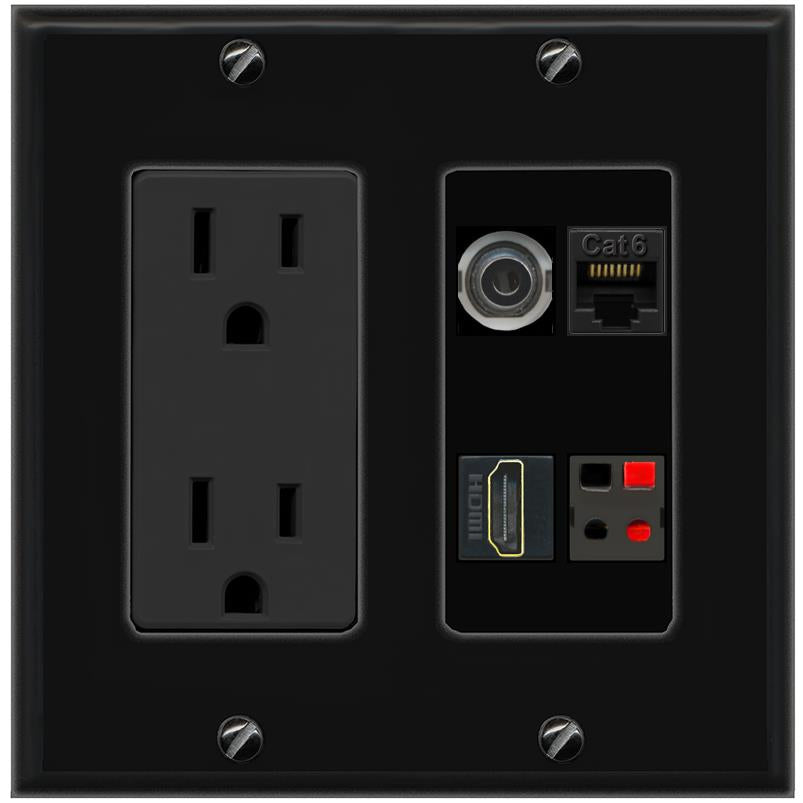 RiteAV 3.5mm CAT6 HDMI SPEAKER Wall Plate with 15A Power Outlet [Black]