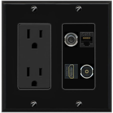 RiteAV 3.5mm CAT6 HDMI TOSLINK Wall Plate with 15A Power Outlet [Black]