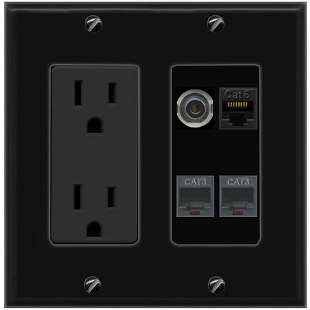 RiteAV 3.5mm CAT6 2 PHONE Wall Plate with 15A Power Outlet [Black]
