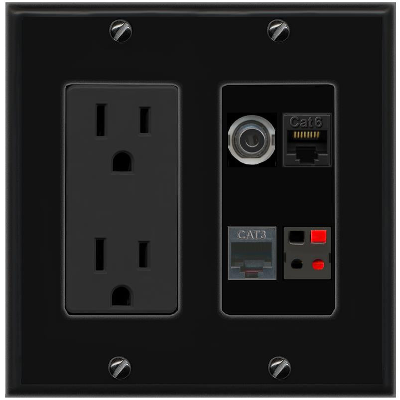 RiteAV 3.5mm CAT6 PHONE SPEAKER Wall Plate with 15A Power Outlet [Black]