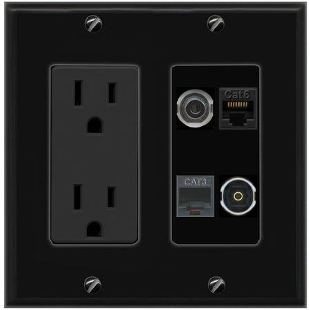 RiteAV 3.5mm CAT6 PHONE TOSLINK Wall Plate with 15A Power Outlet [Black]