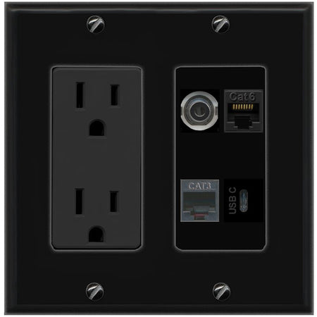 RiteAV 3.5mm CAT6 PHONE USBC Wall Plate with 15A Power Outlet [Black]