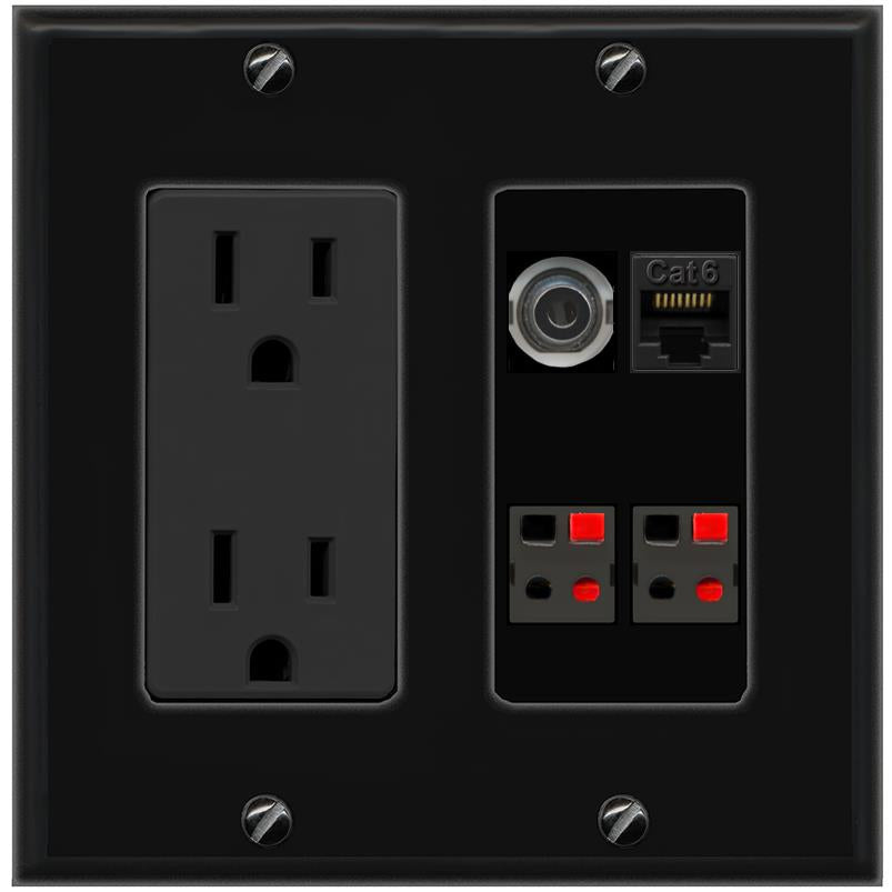 RiteAV 3.5mm CAT6 2 SPEAKER Wall Plate with 15A Power Outlet [Black]