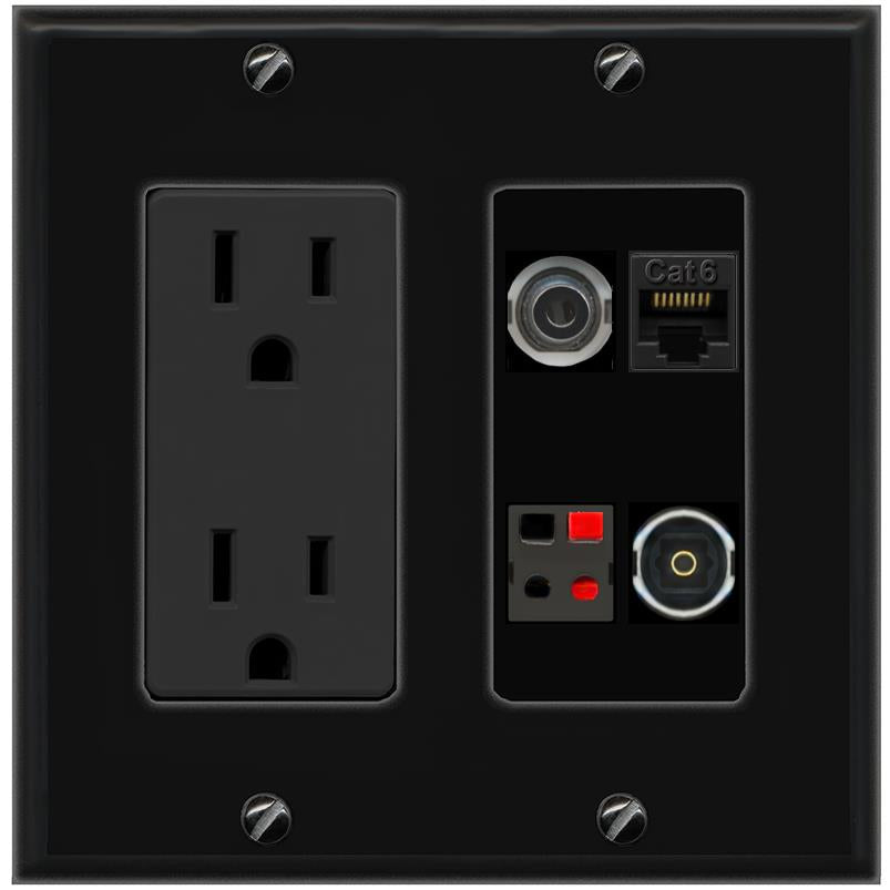 RiteAV 3.5mm CAT6 SPEAKER TOSLINK Wall Plate with 15A Power Outlet [Black]