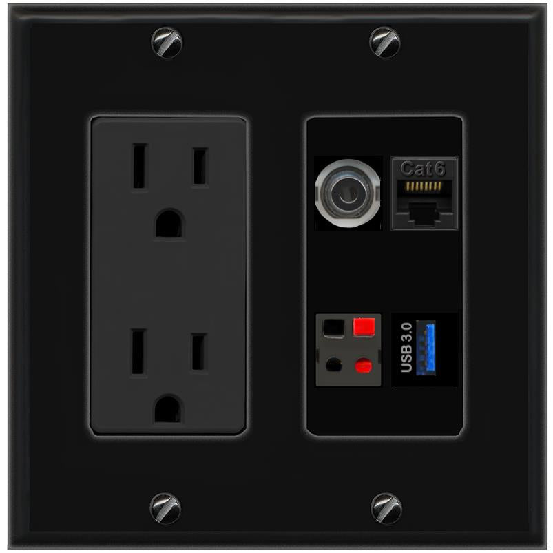 RiteAV 3.5mm CAT6 SPEAKER USB-3 Wall Plate with 15A Power Outlet [Black]