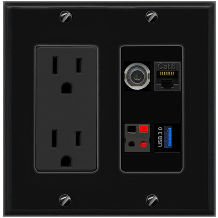 RiteAV 3.5mm CAT6 SPEAKER USB-3 Wall Plate with 15A Power Outlet [Black]