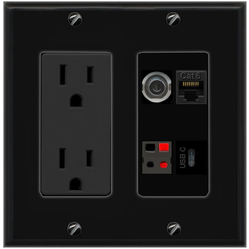RiteAV 3.5mm CAT6 SPEAKER USBC Wall Plate with 15A Power Outlet [Black]