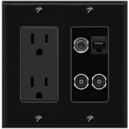 RiteAV 3.5mm CAT6 2 TOSLINK Wall Plate with 15A Power Outlet [Black]