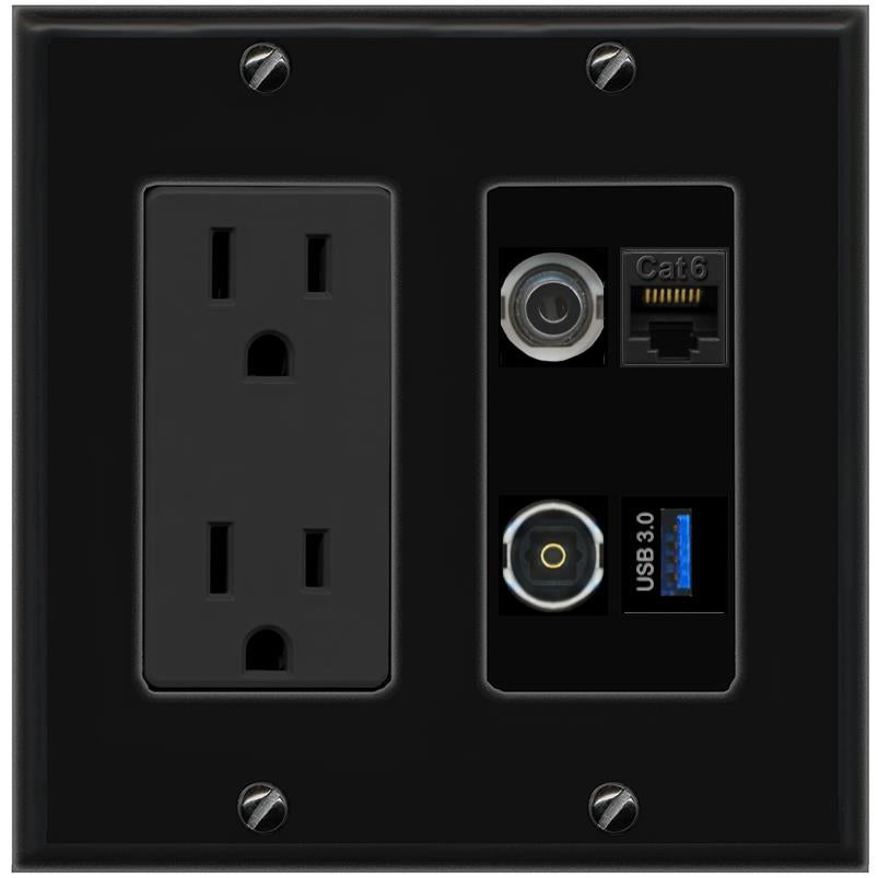 RiteAV 3.5mm CAT6 TOSLINK USB-3 Wall Plate with 15A Power Outlet [Black]