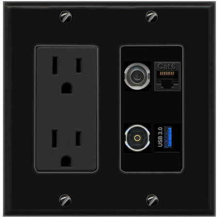 RiteAV 3.5mm CAT6 TOSLINK USB-3 Wall Plate with 15A Power Outlet [Black]