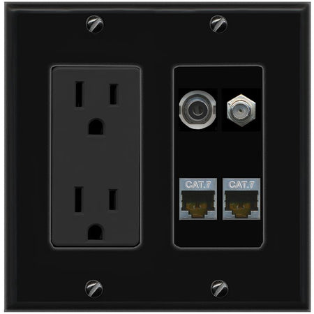 RiteAV 3.5mm 2 CAT7 COAX Wall Plate with 15A Power Outlet [Black]