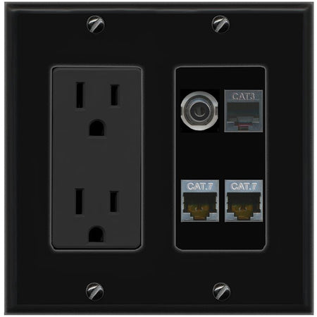 RiteAV 3.5mm 2 CAT7 PHONE Wall Plate with 15A Power Outlet [Black]