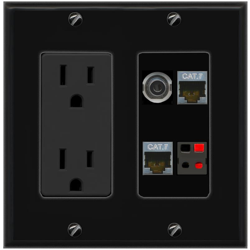 RiteAV 3.5mm 2 CAT7 SPEAKER Wall Plate with 15A Power Outlet [Black]
