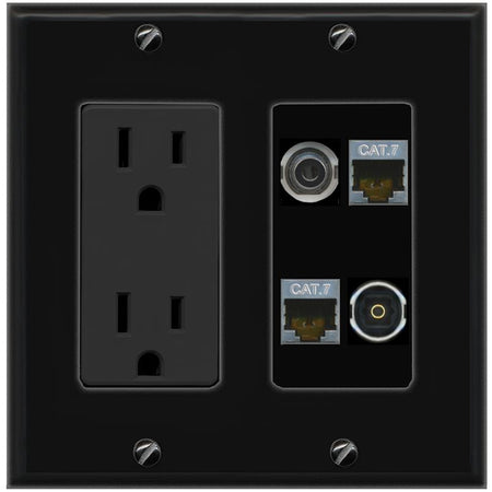 RiteAV 3.5mm 2 CAT7 TOSLINK Wall Plate with 15A Power Outlet [Black]