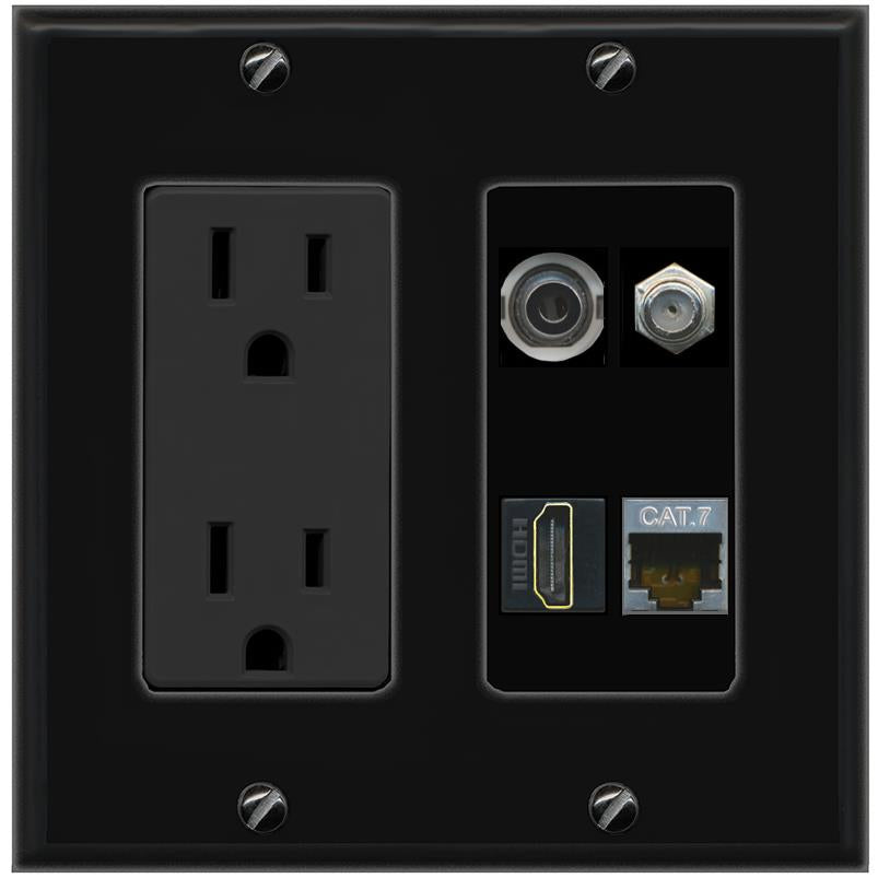 RiteAV 3.5mm CAT7 COAX HDMI Wall Plate with 15A Power Outlet [Black]