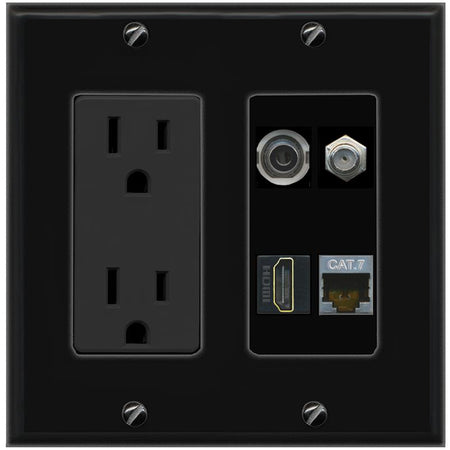 RiteAV 3.5mm CAT7 COAX HDMI Wall Plate with 15A Power Outlet [Black]